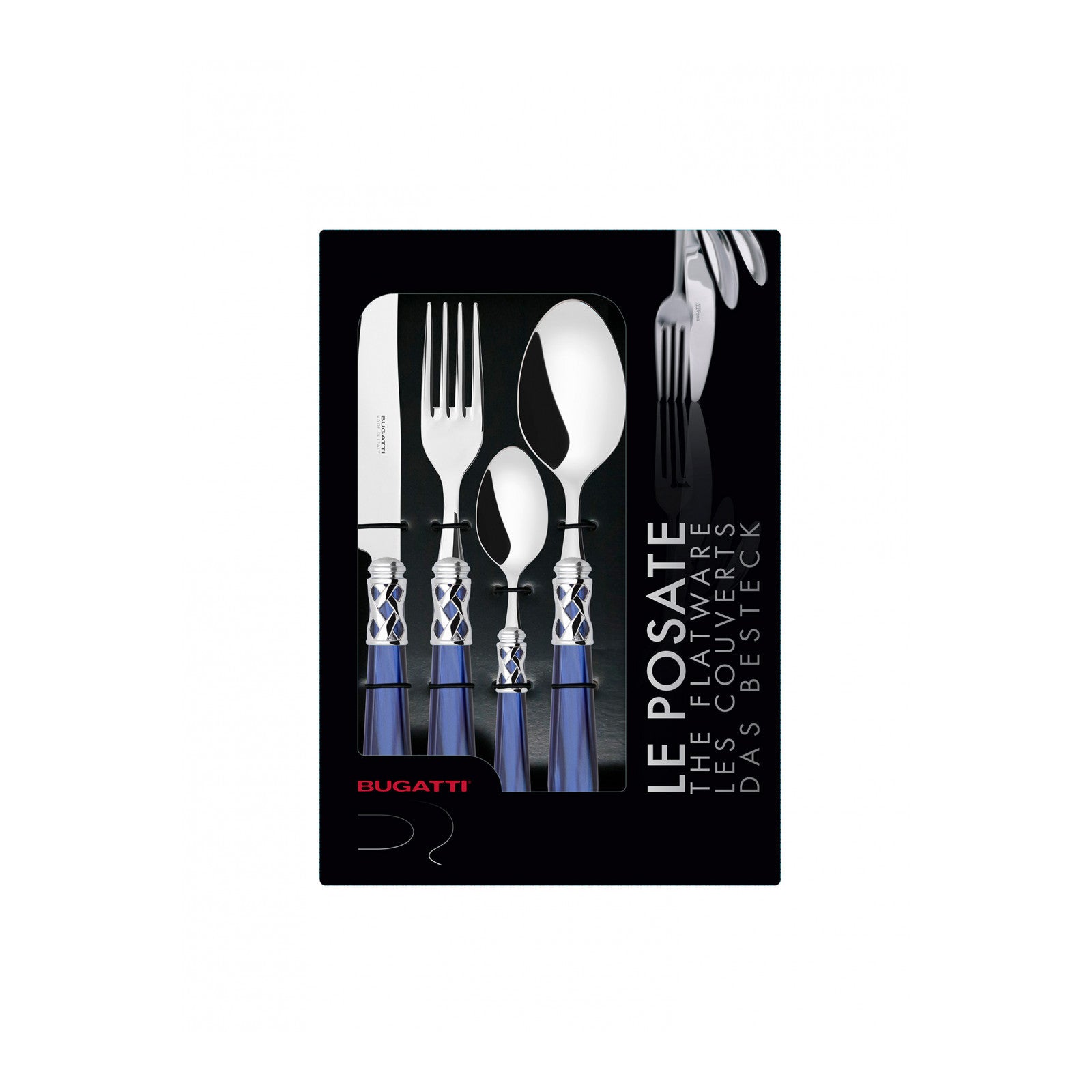 Set de 4 piezas Aladdin Blue destacando su elegancia italiana y brillo de acero 18/10.