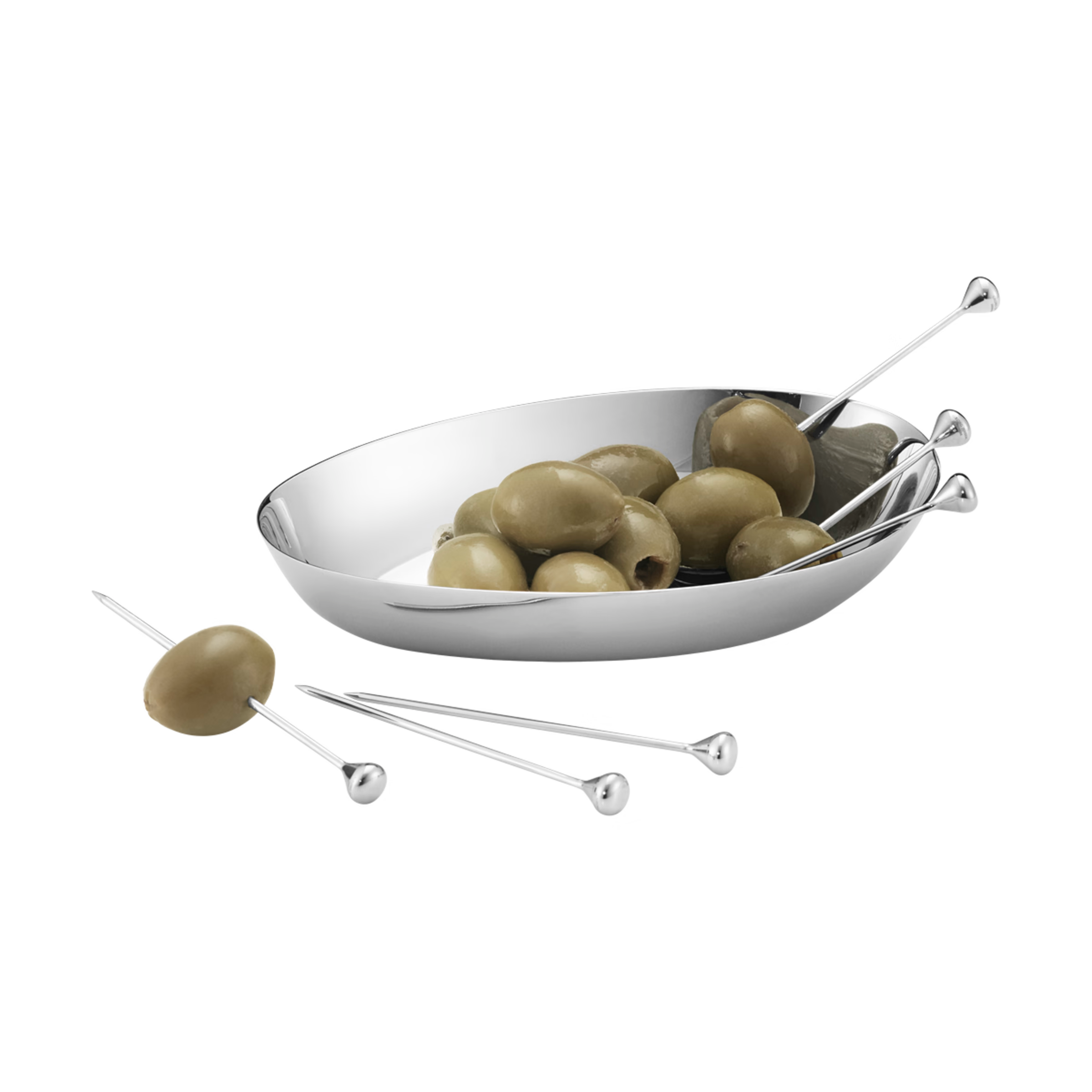 Detalle del agarre curvo ergonómico y el brillo de alta fidelidad de los cocktail sticks de lujo de la marca Georg Jensen.