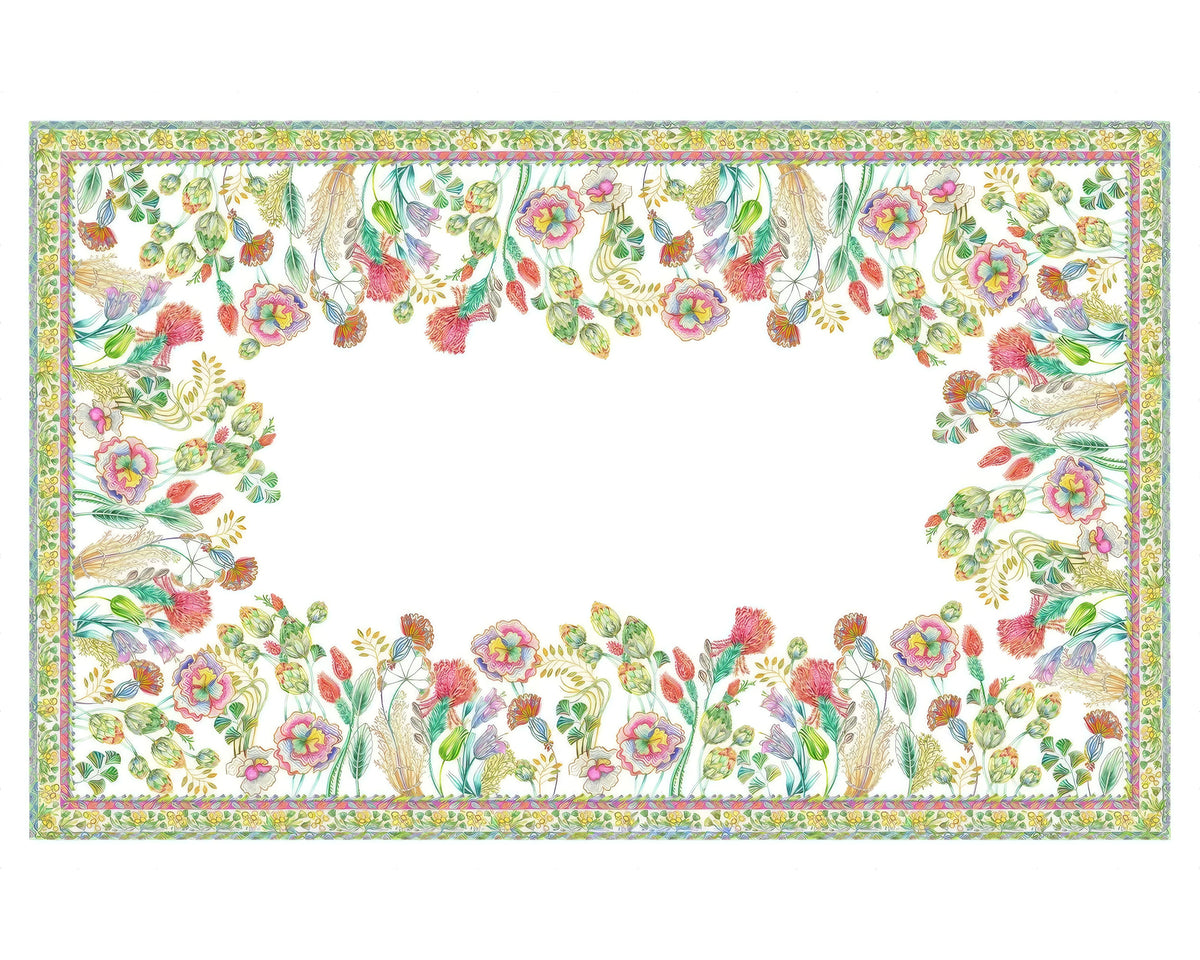 Vista cenital completa del mantel Artigemme en 100% lino puro italiano con estampado botánico clásico de Tessitura Toscana Telerie en Oporto Mesa y Cocina.