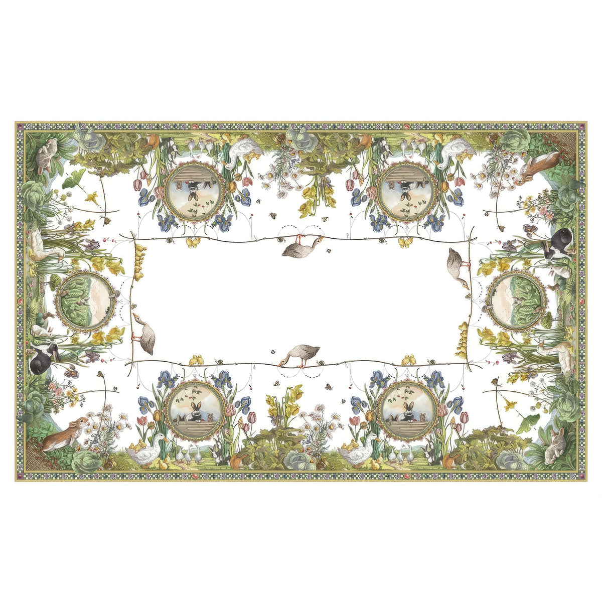 Vista cenital completa del mantel Bunny Garden en 100% lino puro italiano con estampado botánico campestre y conejos de Tessitura Toscana Telerie en Oporto Mesa y Cocina.