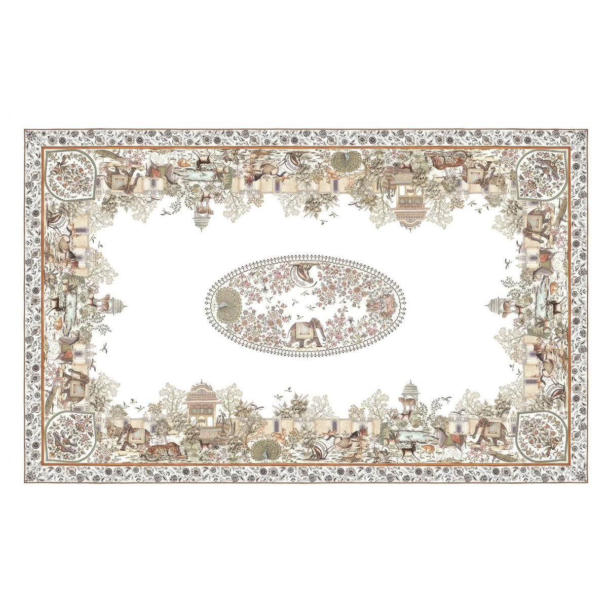 Vista cenital completa del mantel Mudra en 100% lino puro italiano con estampado de motivos orientales de Tessitura Toscana Telerie en Oporto Mesa y Cocina.