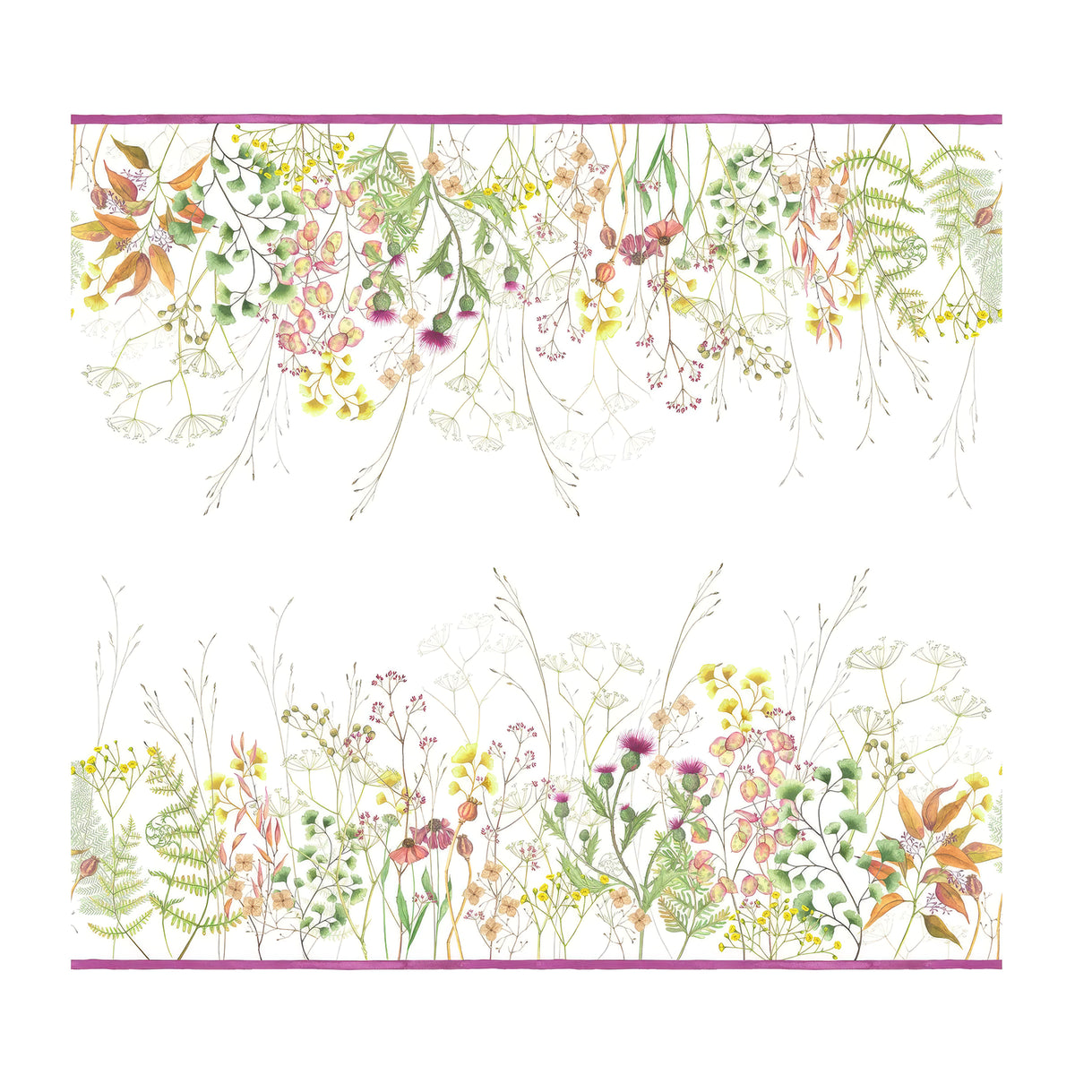 Vista cenital completa del mantel Selvatica en 100% lino puro italiano con estampado botánico de vegetación silvestre de Tessitura Toscana Telerie en Oporto Mesa y Cocina.