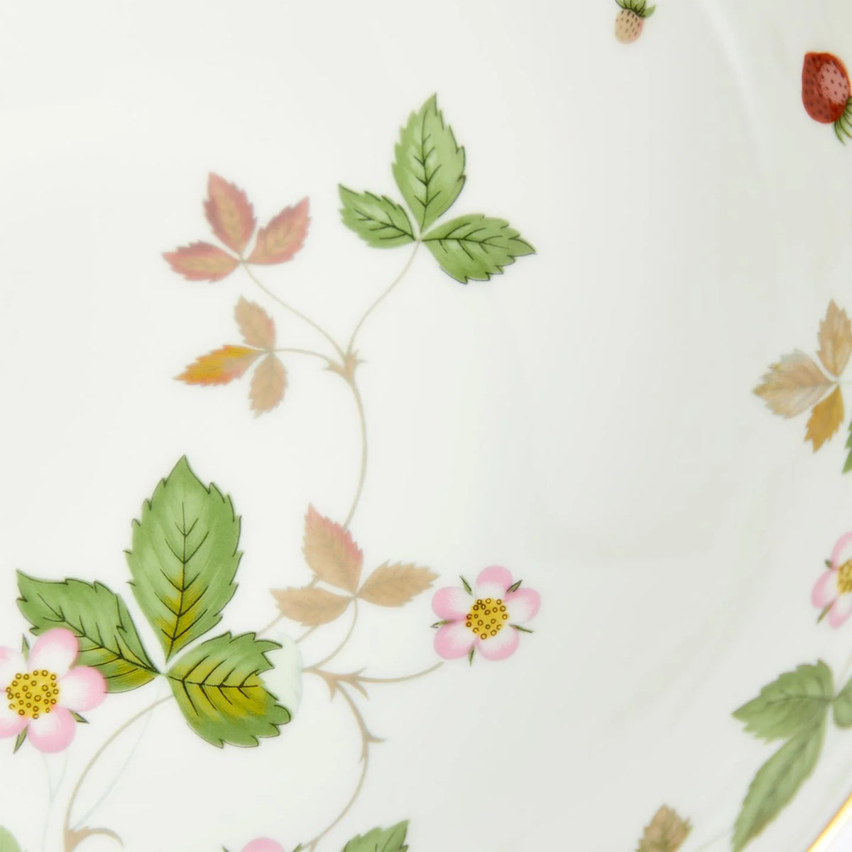 Primer plano del decorado botánico de fresas rojas maduras y hojas silvestres en el interior del cuenco de cereales Wild Strawberry de Wedgwood.