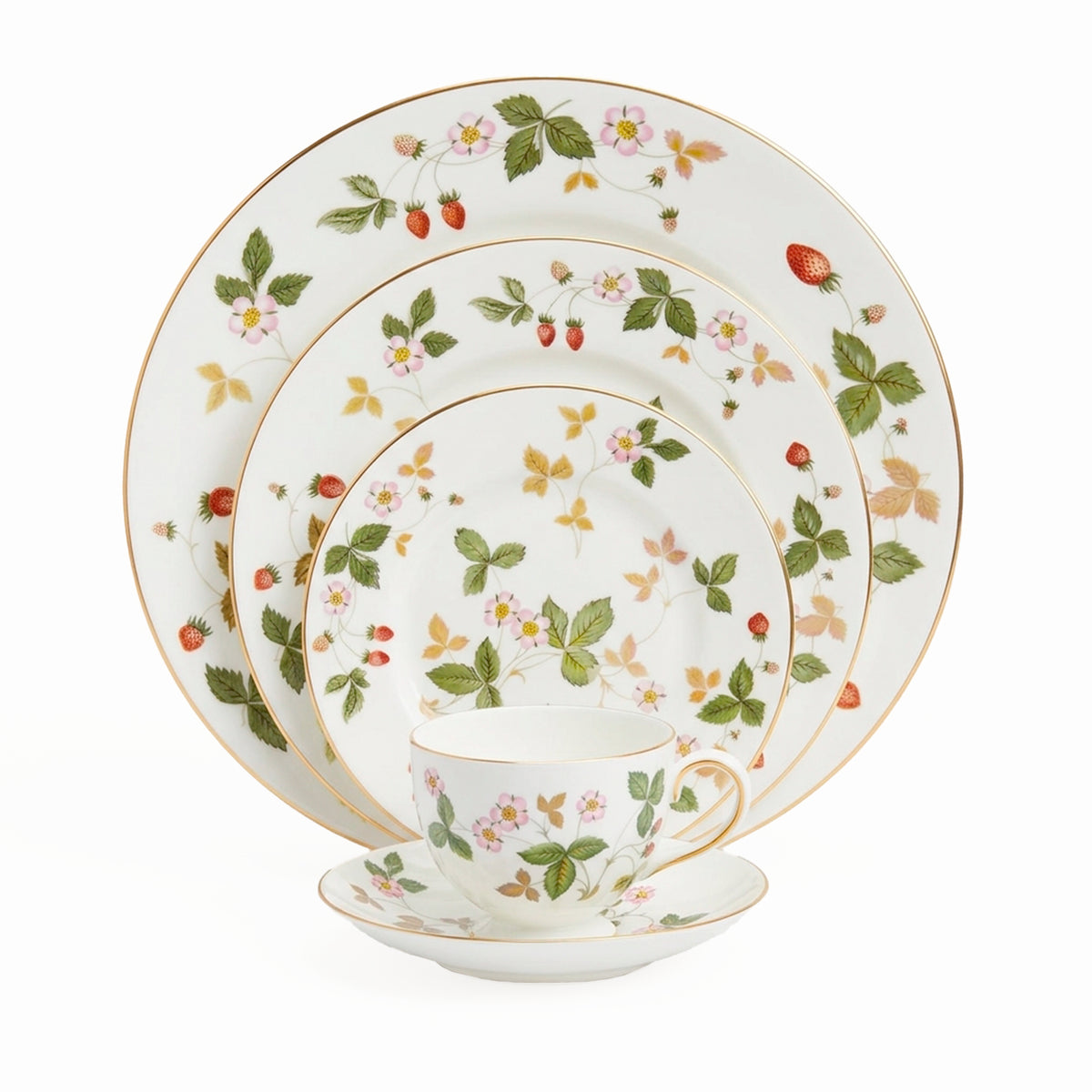 Composición completa del set de vajilla de 5 piezas de la colección Wild Strawberry en Fine Bone China con ribete en oro de 22 quilates de Wedgwood en Oporto Mesa y Cocina.