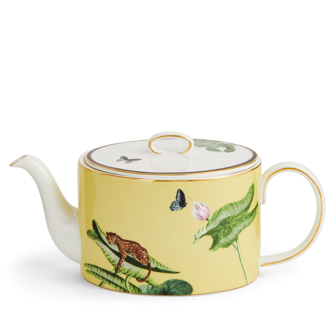 Tetera Wonderlust Waterlily de Wedgwood de cuerpo completo, mostrando el vibrante diseño de nenúfares y el pico dorado.