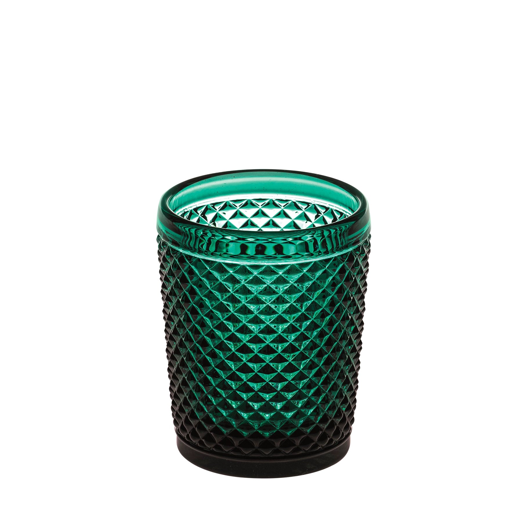 Vaso de whisky verde esmeralda de la colección Bicos de Vista Alegre, mostrando su emblemático relieve geométrico en punta de diamante y base pesada.