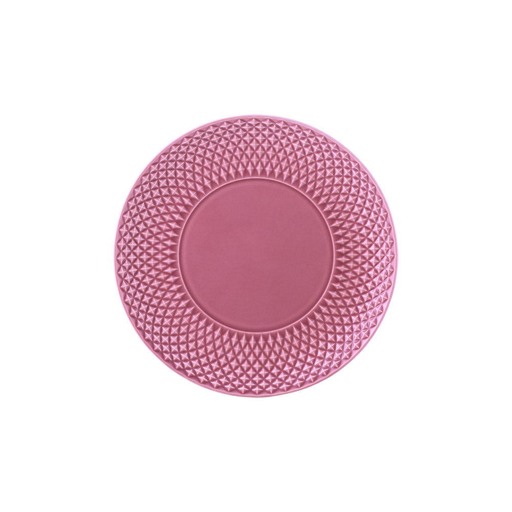 Plato Postre Bicos Rosa de Bordallo Pinheiro, mostrando el patrón geométrico de picos en relieve y el color rosa suave.