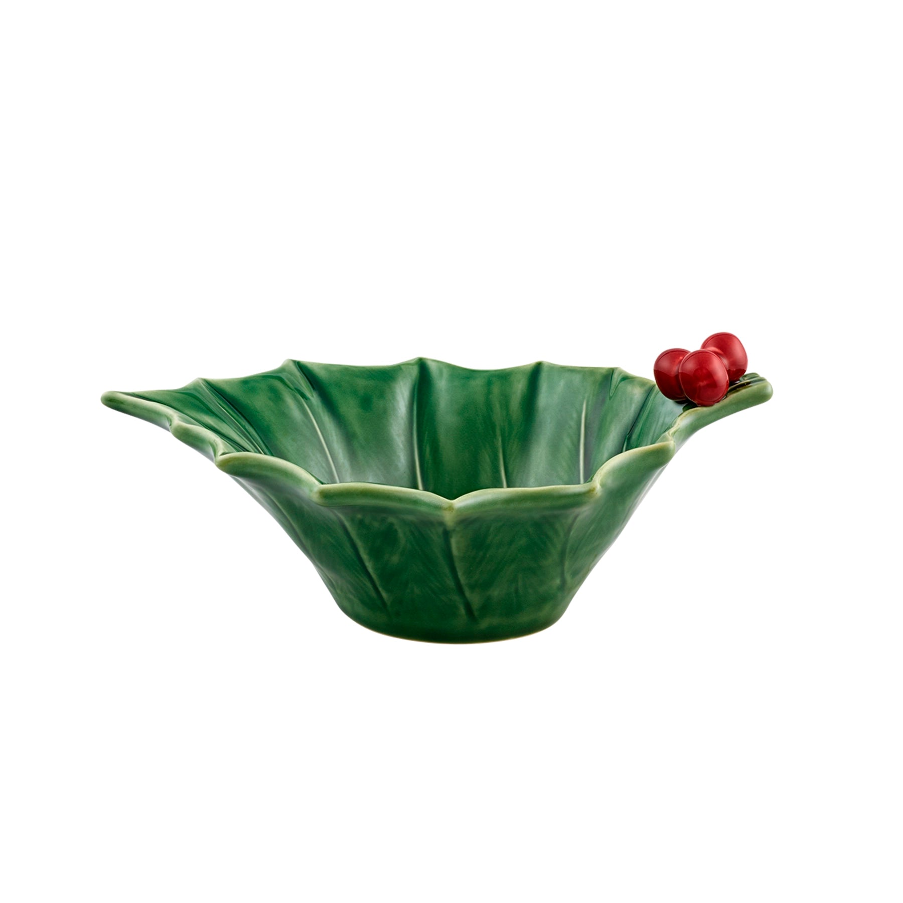 Bowl Holly de Bordallo Pinheiro, mostrando su diseño exterior de hojas de acebo verdes y bayas rojas en relieve.