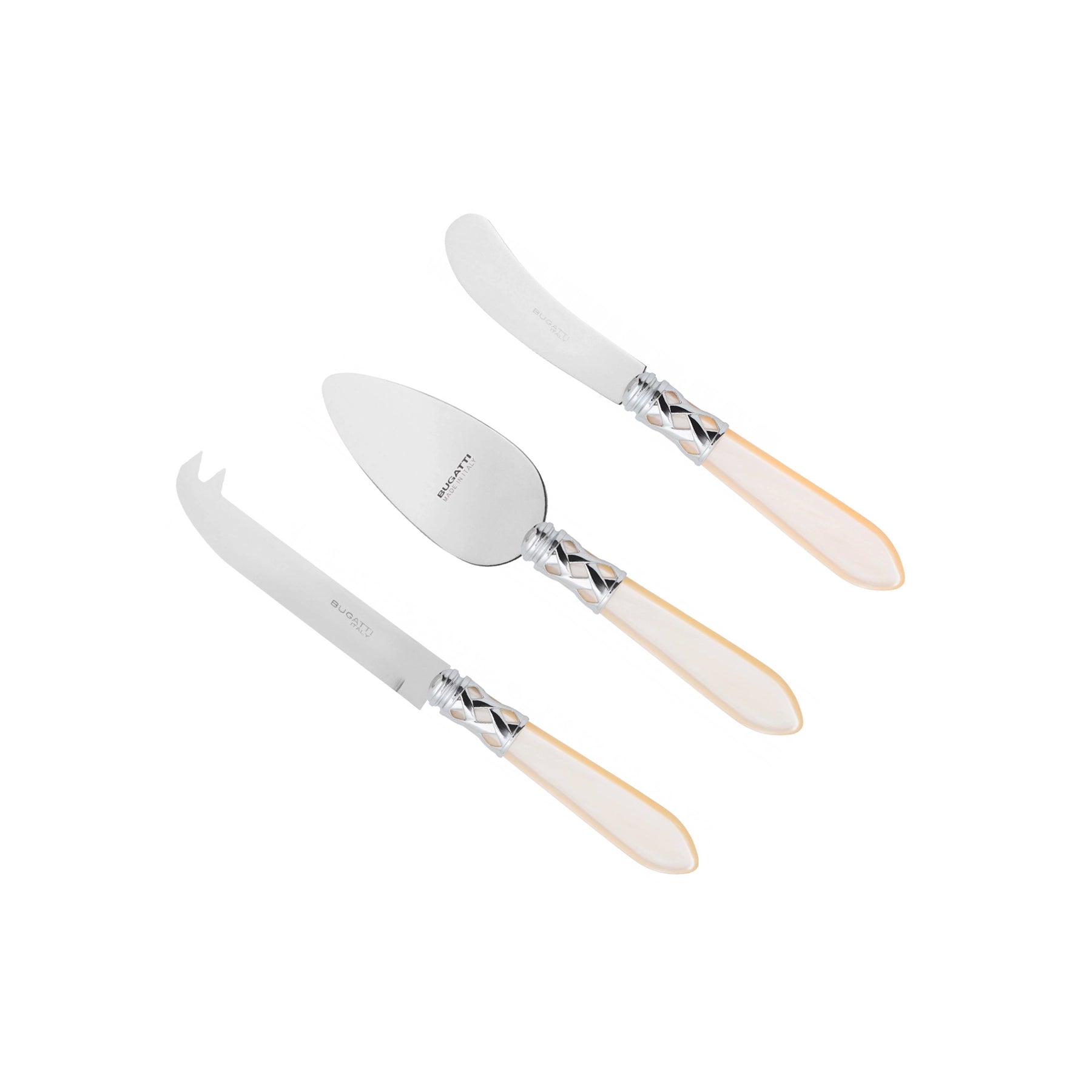 Set de 3 cuchillos especializados para queso de la colección Aladdin de Casa Bugatti en color marfil nacarado.