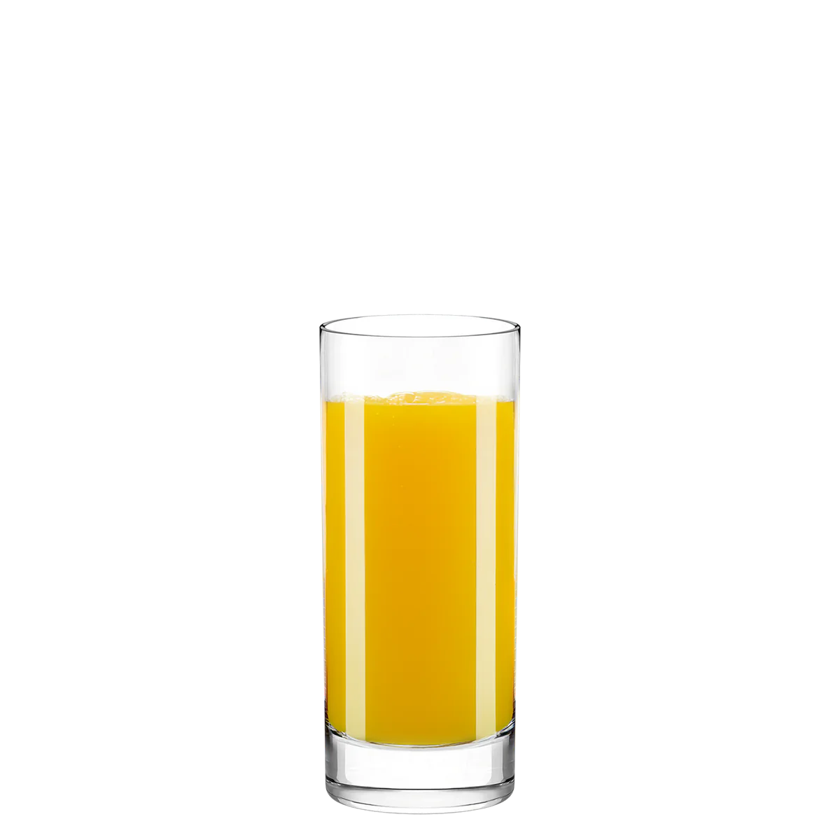 Primer plano del vaso Stolzle Lausitz New York con jugo de naranja, mostrando su diseño elegante y base sólida.