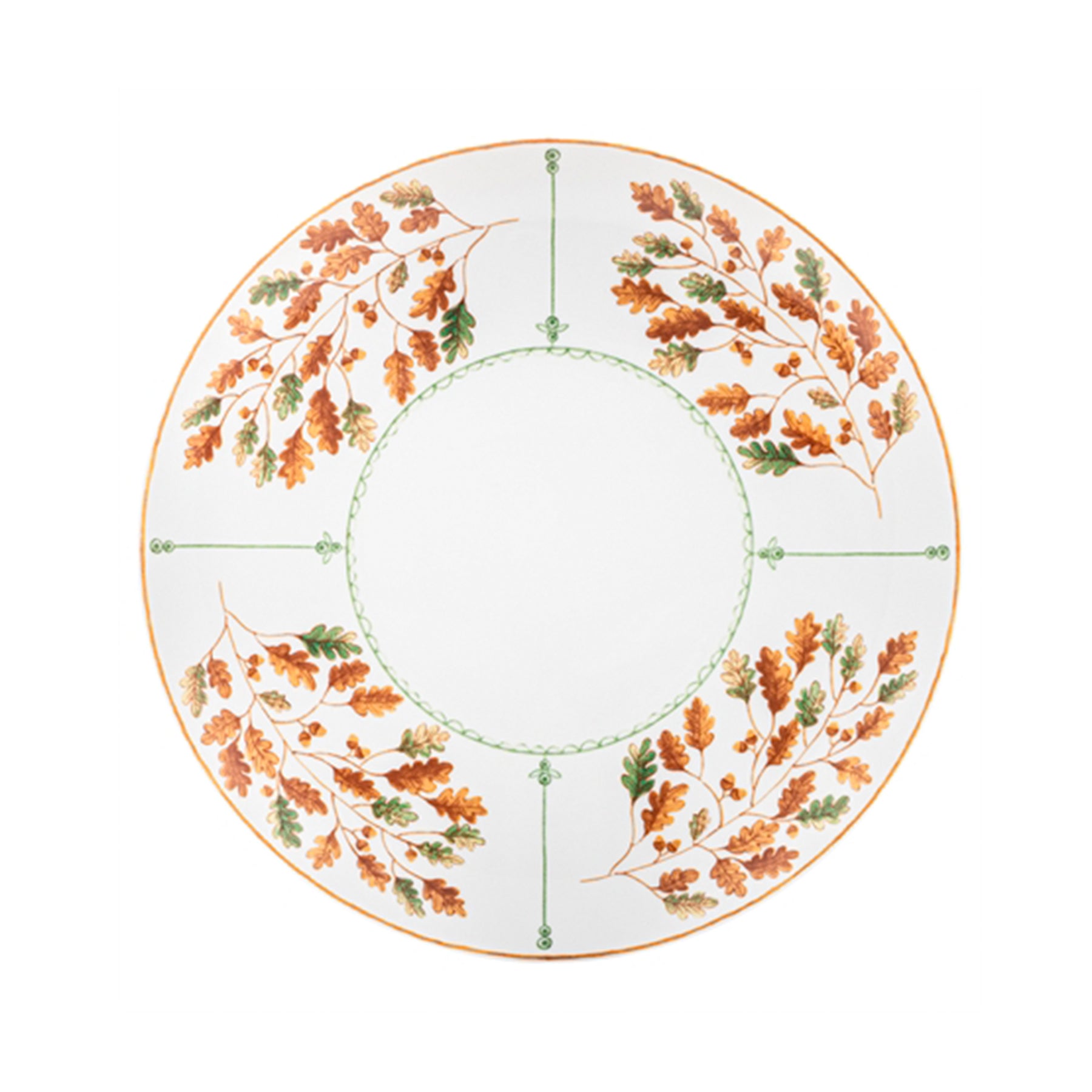 Vista cenital del plato principal de 28 cm de la colección Gudrun en porcelana blanca con ribete botánico de follaje otoñal de Vista Alegre en Oporto Mesa y Cocina.