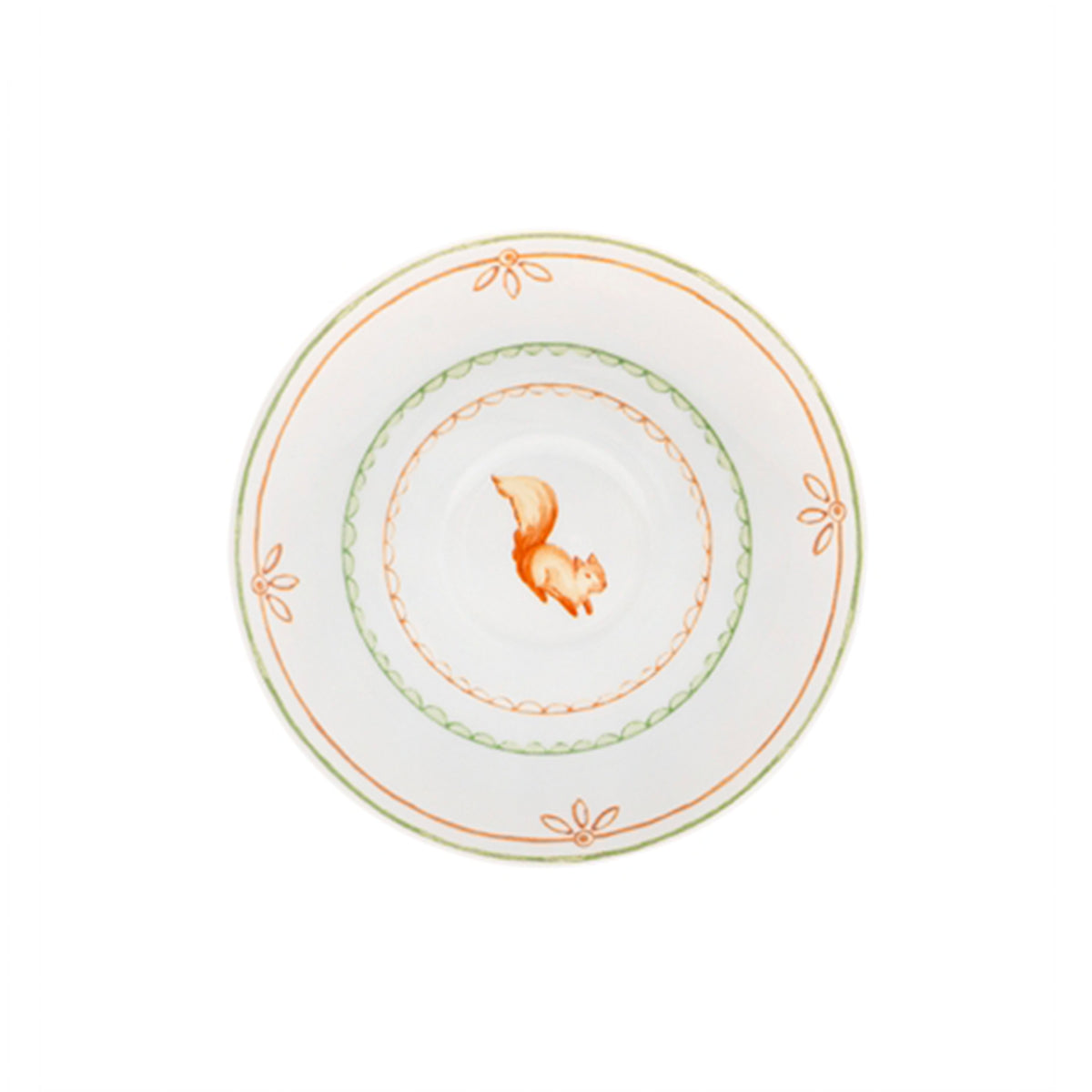 Primer plano del decorado de hojas y frutos silvestres en el ala del plato de la taza de café Gudrun de Vista Alegre.