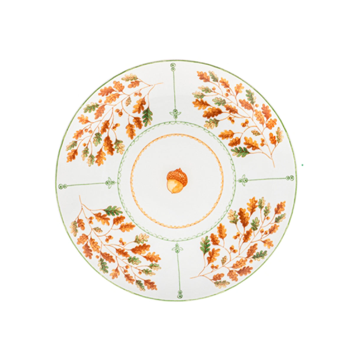 Vista cenital del plato hondo de 25 cm de la colección Gudrun en porcelana blanca con ribete botánico otoñal de Vista Alegre en Oporto Mesa y Cocina.