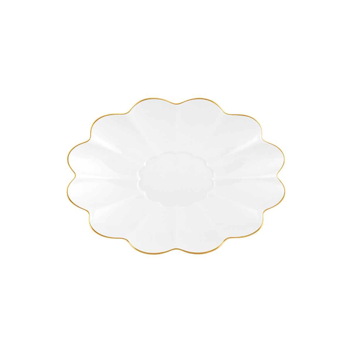 Vista cenital de la bandeja oval pequeña de 27 cm de la colección conmemorativa 200 Anos en porcelana fina y ribete en oro mate de Vista Alegre en Oporto Mesa y Cocina.