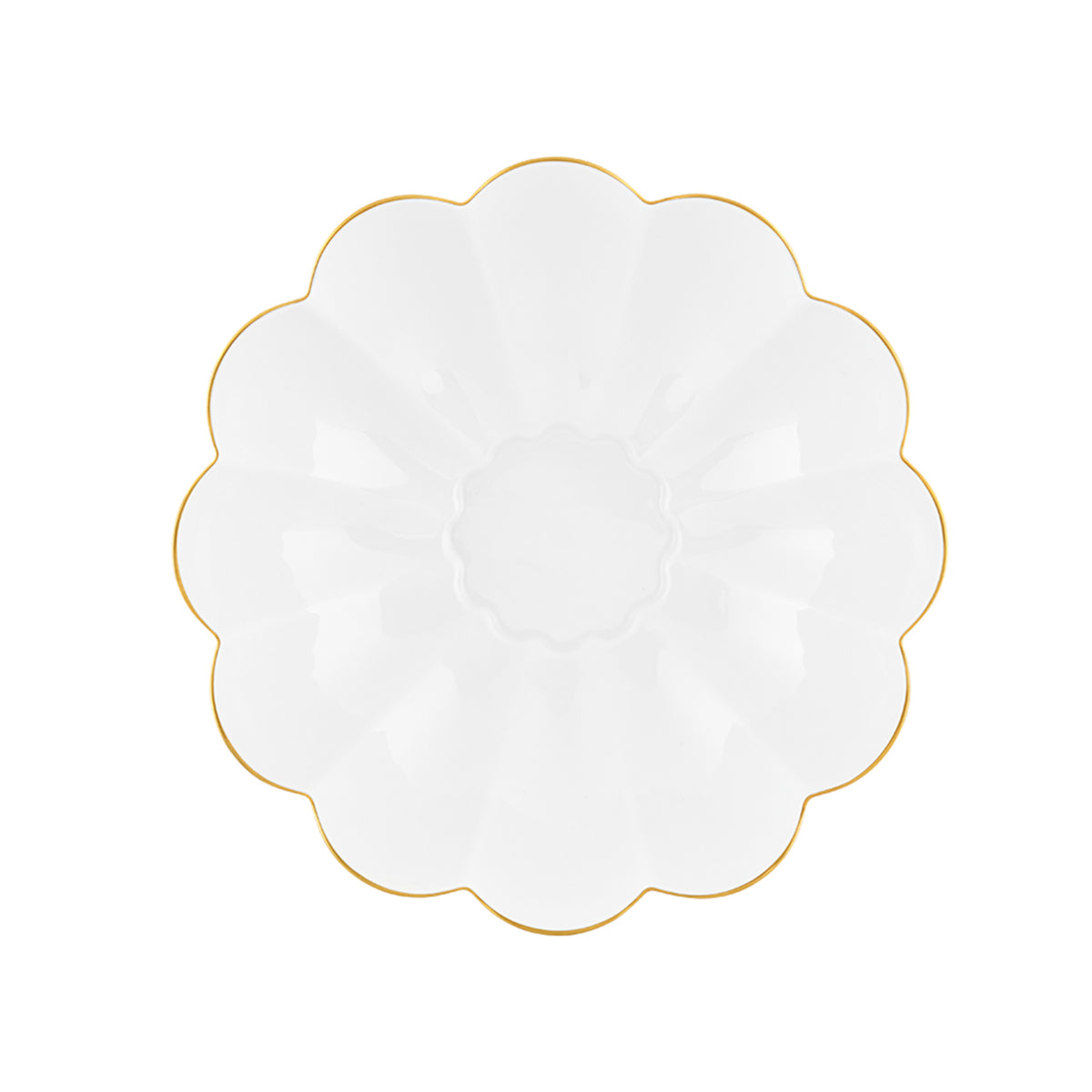 Detalle del interior blanco brillante y los patrones históricos con filo dorado mate de la ensaladera grande 200 Anos de Vista Alegre.