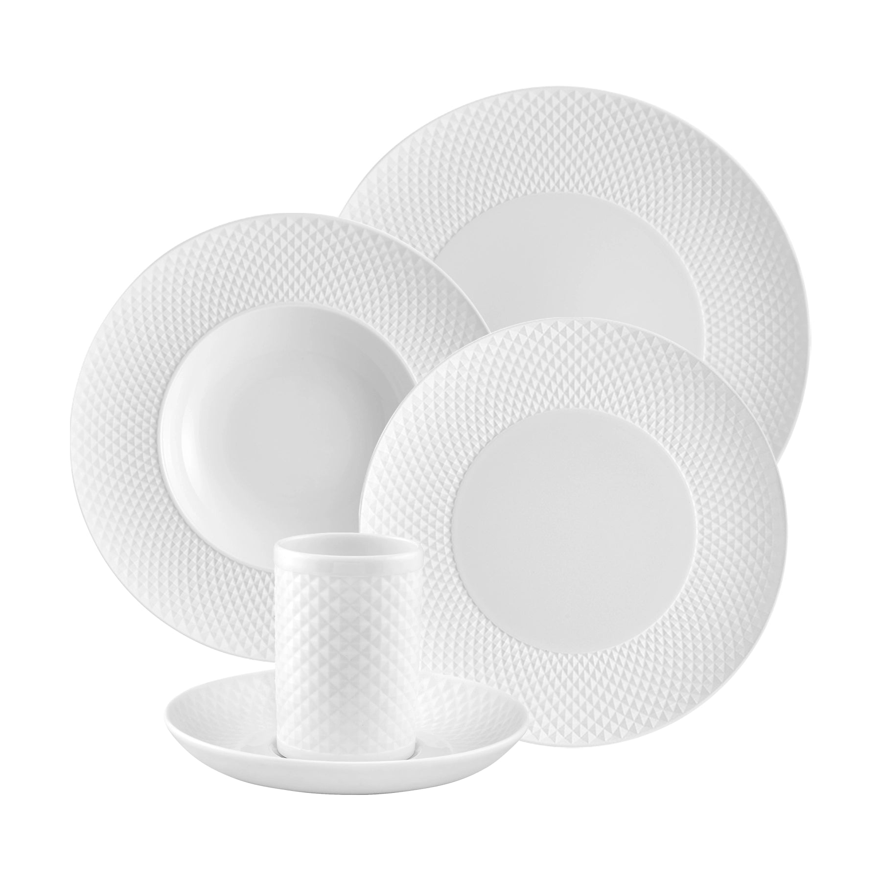 Puesto de 5 Piezas de Vajilla Bicos de Vista Alegre apilado, mostrando el plato principal, hondo y de postre con la taza de café.